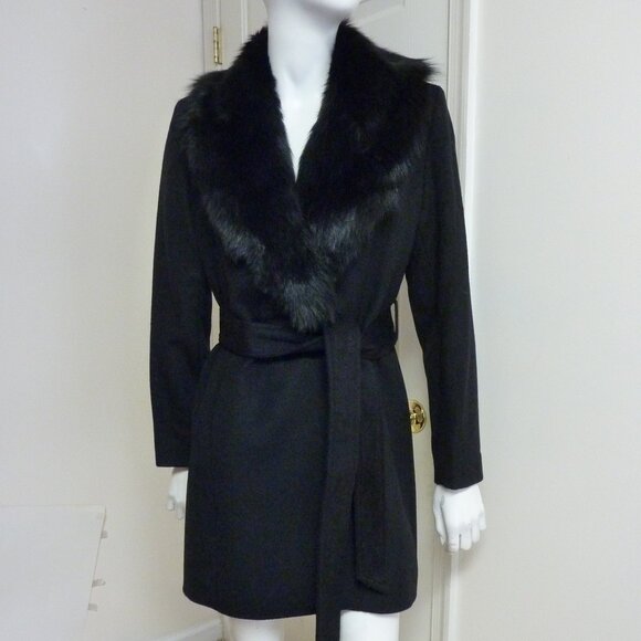 Sofia Cashmere Shearling Collar Wool Blend Wrap Coat - Picture 4 of 9
